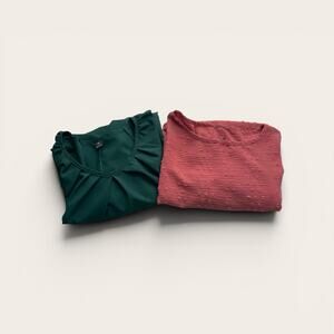 Women’s 1X Blouse Lot Green Pleated + Coral Textured Top Plus Size